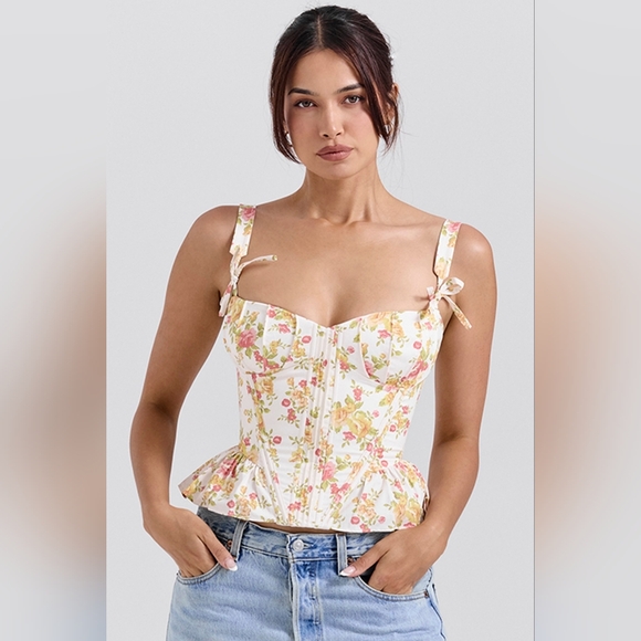 House of CB Tops - Gigou Royal Rose Print Peplum Cotton Corset